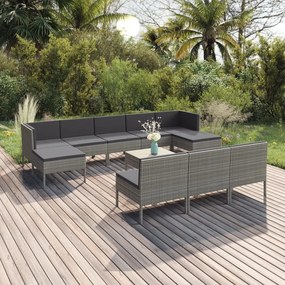 11 pcs conjunto lounge de jardim c/ almofadões vime PE cinzento