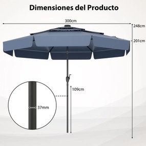 Guarda-sol solar de 300 cm com 32 luzes LED, parte superior ventilada com 3 níveis e ajuste de inclinação Azul marinho