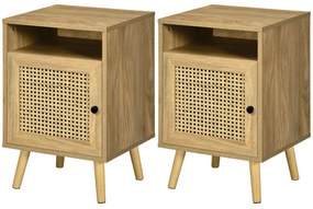 Conjunto de 2 Mesas de Cabeceira com Portas de Vime e Prateleira Aberta Mesa Auxiliar 39x35x60 cm Madeira
