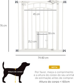 Barreira de Segurança para Cães 74-80 cm Porta de Segurança para Animais com Montagem a Pressão e Duplo Bloqueio Branco
