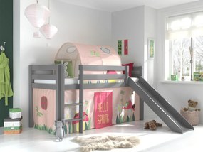 Conjunto Cama alta de Criança PINO 90 x 200 cm + estrado + escada + escorrega + tunel + cortina Primavera Cinzenta