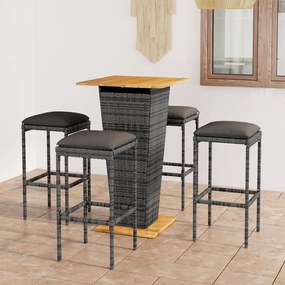 vidaXL 5 pcs conjunto de bar p/ jardim c/ almofadões vime PE cinzento