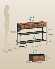 Mesa consola com luz led 98,8 x 30 x 78,7 cm, 3 gavetas castanha vintage