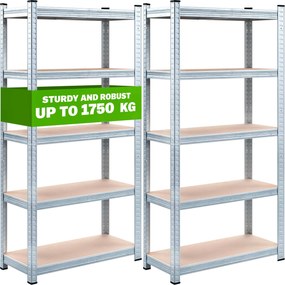Conjunto de 2 estantes para cargas pesadas galvanizadas com capacidade de carga 875 kg, 180 x 90 x 40 cm Prateado
