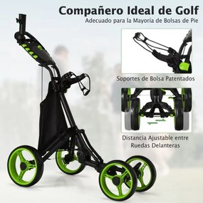 Carrinho de golfe dobrável, leve e de 4 rodas, com saco impermeável e travão de pé, suporte ajustável para guarda-chuva e copo - verde