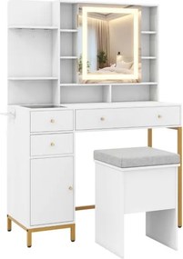 Conjunto de toucador com banco, espelho iluminado LED de 3 cores, mesa de maquilhagem e estação de carregamento integrada para quarto branco