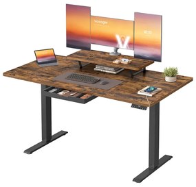 Secretária elétrica 140 x 70 x (72-120) cm com altura ajustável, suporte para monitor e USB castanho vintage