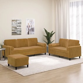 vidaXL 3 pcs conjunto sofás c/ almofadas/almofadões veludo castanho