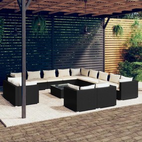 vidaXL 14 pcs conjunto lounge de jardim c/ almofadões vime PE preto