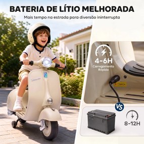 Mota Elétrica Infantil VESPA com Arranque Suave Rodinhas Luz Música e USB Bege