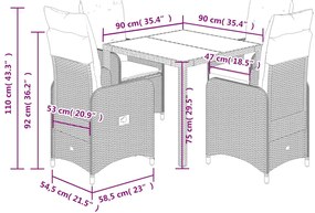 5 pcs conjunto bistrô de jardim c/ almofadões vime PE cinza