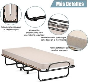 Cama dobrável com colchão Cama de hóspedes portátil com rodas em espuma de memória Estrutura de aço 190 x 80 x 33 cm Bege