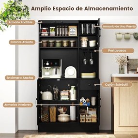 Armário despensa cozinha com 90 x 39 x 167 cm com tomadas elétricas com suporte para copos, gaveta e prateleiras ajustáveis preto