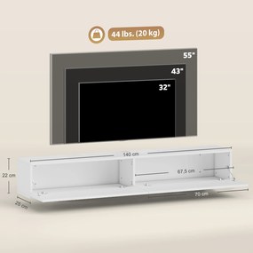Móvel de TV suspenso de 140 cm, móvel para televisor de 72 polegadas, 2 portas rebatíveis, 140 x 25 x 22 cm, branco