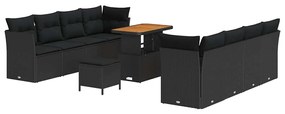 Conjunto de Sofá de Jardim de 11 Peças com Almofadas Preto Vime Poliés