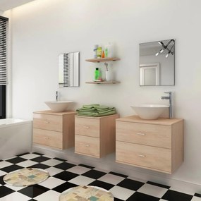 Conjunto móveis de WC + lavatório c/ torneira, 9 pcs, bege
