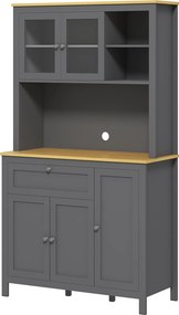 Armário de cozinha tipo aparador com 5 portas, das quais 2 com vidro, 1 gaveta e 1 compartimento aberto central - altura 180 cm, cinzento