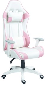 HOMCOM Cadeira Gaming Reclinável com Almofada Lombar Apoio de Cabeça Basculante e Altura Ajustável 67x60x120-128 cm Branco e Rosa
