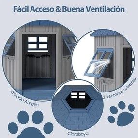 Casota para cães exterior com 2 janelas e claraboia, telhado inclinado, design tipo celeiro para animais de estimação pequenos e médios, azul + cinza