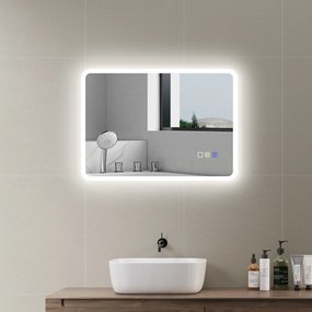 Espelho de casa de banho LED com Bluetooth, 50 x 70 cm, interruptor tátil, luz regulável, 3 cores, antiembaciamento, memória, prateado