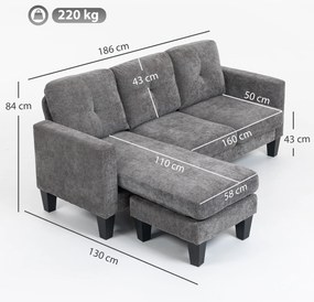 Sofá Chaise Longue Sofá em Forma de L Estofado em Poliéster Sofá de Canto Reversível 186x130x84 cm Cinzento Escuro