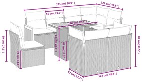 9 pcs conjunto sofás p/ jardim com almofadões vime PE cinzento