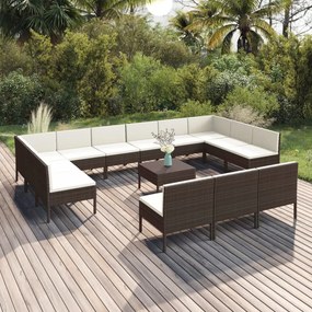 vidaXL 14 pcs conjunto lounge jardim c/ almofadões vime PE castanho