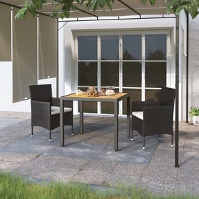 vidaXL 3 pcs conjunto jantar p/ jardim vime PE e acácia maciça preto