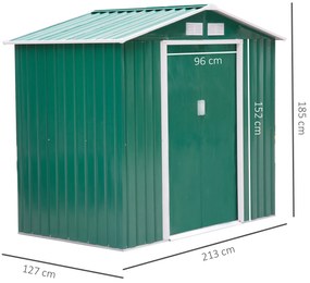 Abrigo de jardim Exterior de Aço com porta deslizante grande espaço de armazenamento 213x127x185 cm Verde