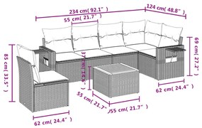 7 pcs conjunto de sofás p/ jardim c/ almofadões vime PE preto