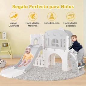 Escorrega infantil 9 em 1 com cesto de basquetebol, telescópio, ponte suspensa e túnel para 1+ anos 176 x 138 x 80 cm cinzento e branco