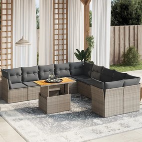 11 pcs conjunto sofás de jardim c/ almofadões vime PE cinzento