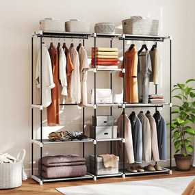 Guarda Roupa 182x43x185 cm Armário Aberto com 8 Prateleiras de Tecido Barras para Pendurar Cinza