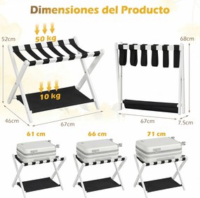 Porta-bagagens dobrável de 2 níveis em madeira de borracha 67 x 46 x 52 cm, com prateleiras de nylon e Estrutura em X, para quarto de hotel, preto + b