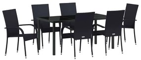 Conjunto de Jantar para Jardim 7 pcs Preto Rattan de PE