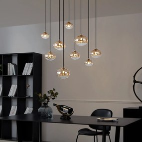 Candeeiro suspenso Art Deco dourado com vidro âmbar 9 luzes - Jia