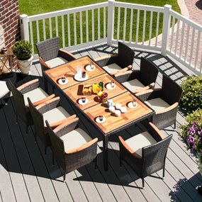 Conjunto de Jardim de 9 peças para 8 pessoas com tampo de mesa em acácia e almofadas amovíveis Castanho