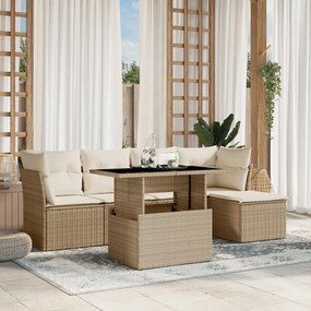 6 pcs conjunto de sofás p/ jardim com almofadões vime PE bege