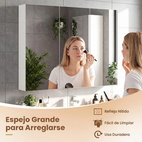 Armário parede de espelho para casa de banho 87 x 65 x 12,5 cm, 3 portas, para encastrar ou montar, 6 compartimentos, acabamento imitação de madeira,