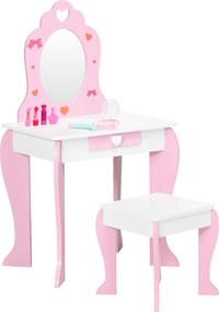 ZONEKIZ Toucador Infantil de Madeira com Banco Espelho e Gaveta Mesa de Maquilhagem para Crianças entre 3-6 Anos 50x36,5x89,5cm Rosa | Aosom Portugal