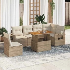 7 pcs conjunto de sofás p/ jardim com almofadões vime PE bege