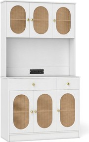 Armário de cozinha 100 x 40 x 180 cm com Estação de carregamento 6 portas Rattan Estilo boho,  2 gavetas 4 prateleiras ajustáveis Branco e Natural