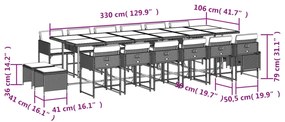 17 pcs conjunto jantar p/ jardim c/ almofadões vime PE castanho