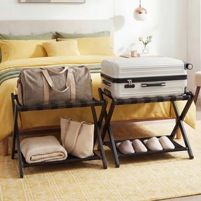 Porta-bagagens dobrável de dois níveis em madeira de borracha 67 x 46 x 52 cm, com prateleiras de nylon e Estrutura em X, para quartos de hotel, preto