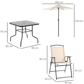 Conjunto de Móveis de Jardim com 4 Cadeiras Dobráveis Mesa de Jardim de Vidro e Chapéu de Sol Inclinável Proteção Solar para Pátio Terraço Exterior 80