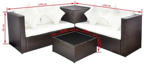 4 pcs conjunto lounge jardim c/ almofadões vime PE castanho