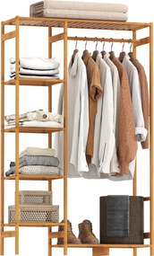 HOMCOM Suporte para Cabides de Bambu com Prateleira de Armazenamento de 6 Níveis e Vara Supensa 90x30x145 cm Madeira | Aosom Portugal