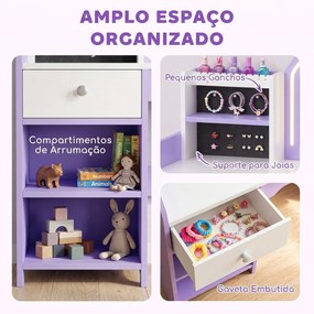 Penteadeira de Maquilhagem para Menina com Espelho LED de 2 Cores, Banco, Suportes para Joias, Gaveta e Compartimentos, Roxo