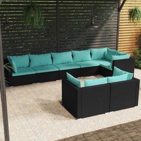 vidaXL 8 pcs conjunto lounge de jardim c/ almofadões vime PE preto