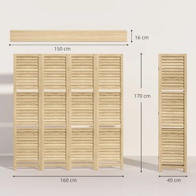 Biombo de interior de 4 painéis, 160 cm (L) x 170 cm (A), com 3 prateleiras dobráveis, divisória de ambientes, portas com persianas, acabamento natura